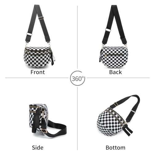 Checkered Crossbody Bag for Women Bum Bag Spacious Nylon Fanny Packs Cross Body Shoulder Purses Bag Handbags - color: Black Checkered