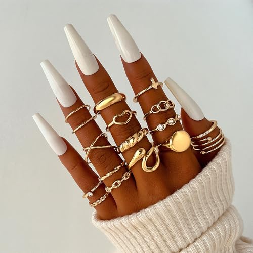 FAXHION 24-60 Pcs Gold Stackable Rings for Women, Knuckle Rings Chunky Gold Ring Set Dainty Stacking Cute Rings, Multiple Sizes Cute Jewelry Set Gift - style: Gold-24 Pcs