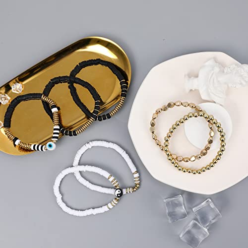 Colorful Heishi Surfer Bracelets Set for Women Stackable Clay Beaded Bracelets Disc Stretch Preppy Bracelets Smiley Face Friendship Bracelets Team Cheer Bulk Boho Summer Beach Jewelry Gift - color: Black and White
