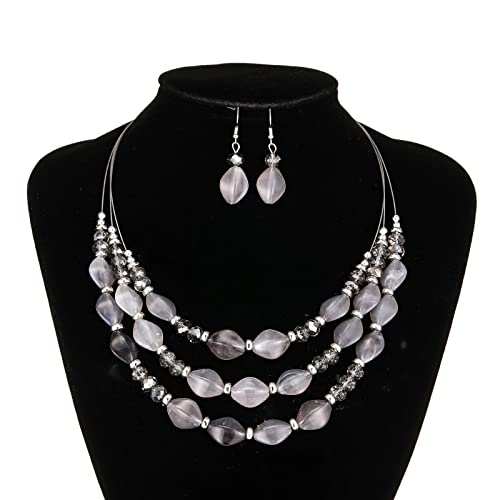 3 Layered Chunky Statement Necklace for Women Beaded Strand Necklaces with Earring Fashion Costumes Collar Necklace Jewelry Sets Gifts for Women - color: Grey