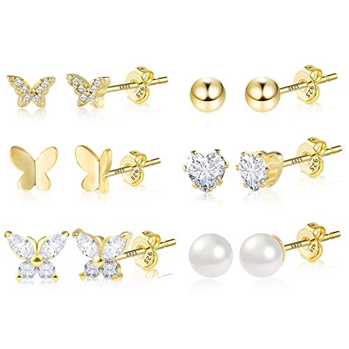 BOUTIQUELOVIN 14K Gold Stud Earrings Set for Women, for Multiple Piercing Silver Plated Studs Earrings and Zirconia Earring Set Small Huggie Hoop Chain Earing - color: 6Pairs Gold C