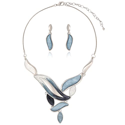 Vintage Chunky Statement Jewelry Set Retro Leaf Floral Geometric Bohemian Boho Bib Necklace Earring Set Fashion Costume Jewelry for Women Girls Wedding Party Prom Unique Gift - style: leaf wave-grey blue