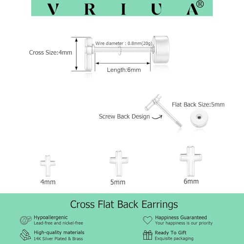 VRIUA 20G Tiny Flat Back Earrings for Women - 14K Gold/Silver Plated Small Flat Back Stud Earrings Hypoallergenic Cartilage Helix Piercing Jewelry - color: 4/5/6mm-Cross Flat Silver