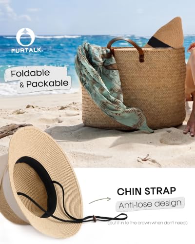 FURTALK Womens Beach Sun Straw Hat UV Protection Travel Packable Foldable Brim Summer UV Hat - color: Mixed Beige, size: Large-X-Large