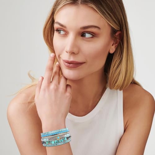 Long tiantian Boho Leather Wrap Bracelets Western Bracelets for Women Stackable Starfish Crystal Pearl Turquoise Leather Bracelet With Clasp Jewelry Gifts Boho Dresses - color: A4:GREEN Bracelet