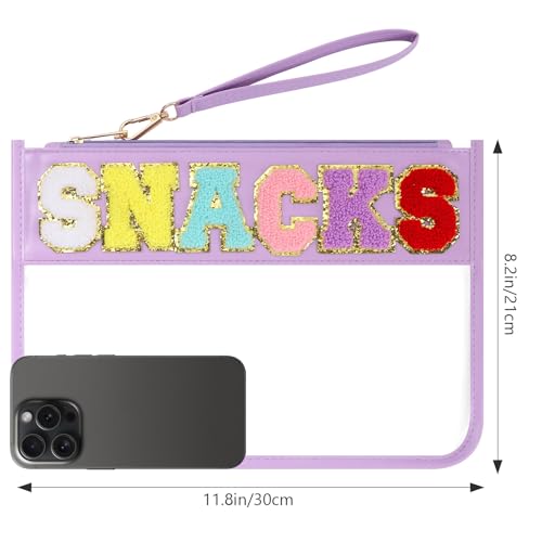 Clear Snack Bag for Travel, Chenille Letter Clear Zipper Snacks Pouch Nylon Cosmetic Bag Makeup Travel Bag for Women - color: Purple
