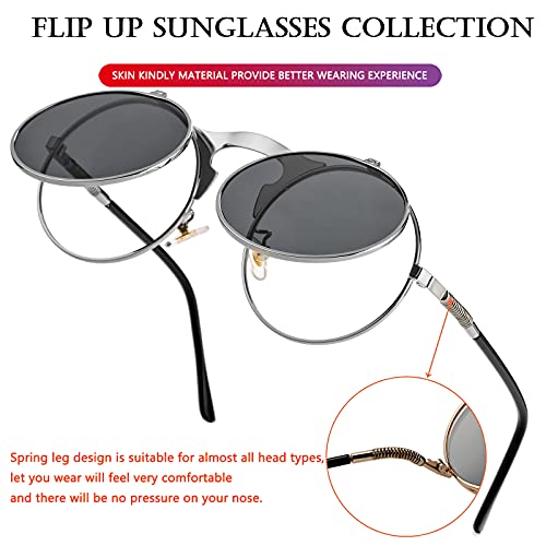 AIEYEZO Round Flip Up Sunglasses for Men and Women Rave Flip Glasses 90's Retro Steampunk Style - color: Silver/Grey