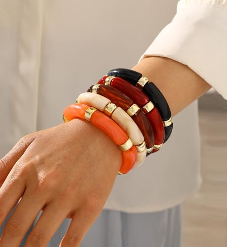 iF YOU 6pcs Chunky Acrylic Bangle Bracelets for Women, Resin Bamboo Brown Stretchy Bracelet Stack, Fashion Jewelry for Women - color: 5pcs-orange & red & brown bangles
