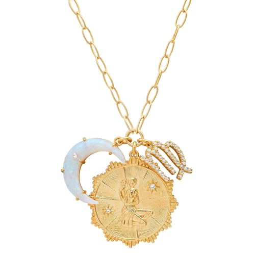 Dainty Gold Zodiac Embossed Coin Opal Crescent Moon Charm Necklace for Women Trendy 18K Gold Plated Retro Paperclip Chain 12 Constellation Horoscope Necklaces Astrology Jewelry Gifts - style: 6.VIRGO (AUG 23-SEP 22)