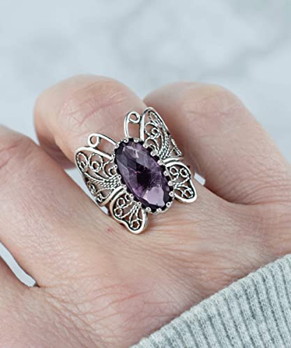 Filigranist Sterling Silver Filigree Art Butterfly Women Cocktail Ring with Gemstones - color: Amethyst