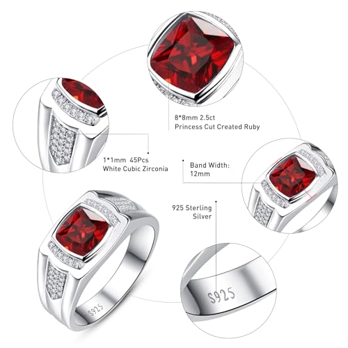 Yaresul 8 * 8mm 2.85CT 925 Sterling Silver Mens Gemstone Ring Princess Cut Created Black Onyx|Sapphire|Emerald|Ruby Mens Wedding Band Engagement Ring Pave CZ W/AAA Size 6-13 - color: Created Ruby