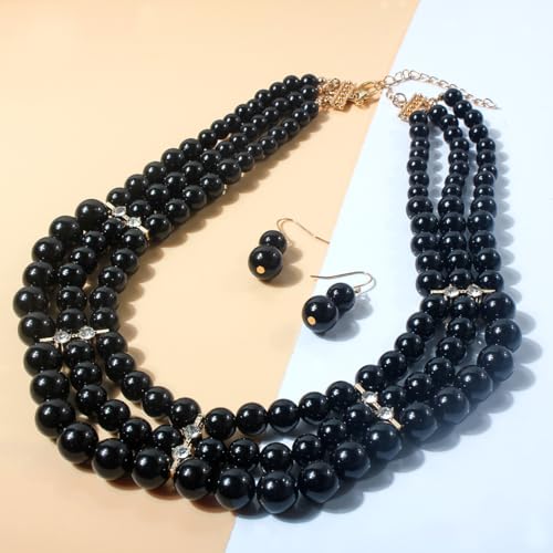Fuqimanman2020 Chunky Large Simulated Pearl Choker Necklace Drop Dangle Earrings Crystal Bib Big Round Beaded Strand Multicolor Costume Statement Wedding Jewelry Set for Women Brides - color: Black Set