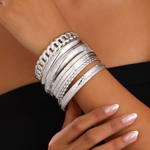 Gold Bangles for Women, 12 Pcs Boho Stackable Bracelets Multi Layer Textured Chunky Bracelets Jewelry Set for Women - color: Style E- 10 pcs silver