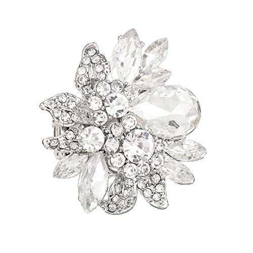 CSY Luxury Women's Austrian Crystal Leaves Flower Big Cocktail Statement Rings Stretch Adjustable Ring Jewelry Accessories - color: White Crystal