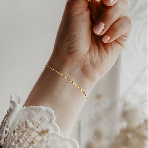 BENEIGE Women Bracelet 14K Gold Plated Paperclip Satellite Bead Ball Oval Cuba Cable Box Chain Daily Charm Layered Link Silver Bracelets Adjustable Jewelry - style: Chain Flat Box