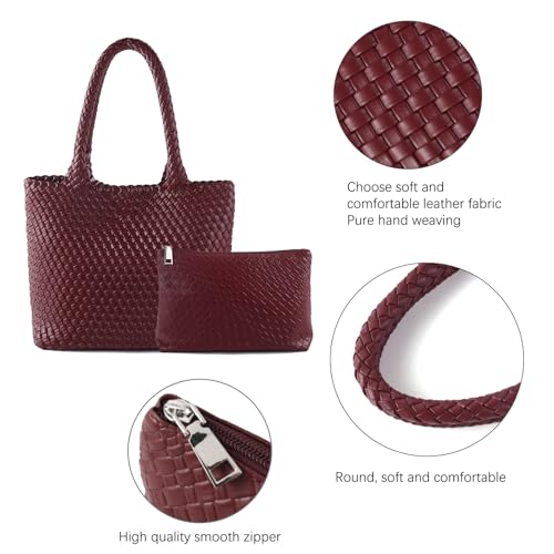 Hand Woven Bag Tote BagS For Women Top Handle Shoulder Vegan Leather Large Travel Beach Hobo Handbag - color: Burgundy