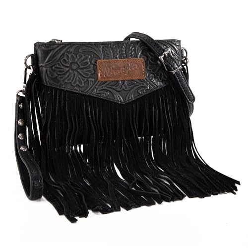 Wrangler Crossbody Small Purse for Women Wristlet Fringe Bag Western Purse - color: Angel Black