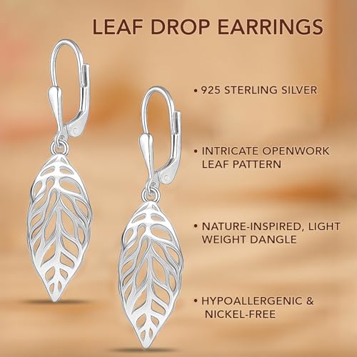 LeCalla 925 Sterling Silver Drop Earrings | Lever-Back Drop Earrings | Hypoallergenic Silver Teardrop Leverback Dangle Earring for Women Jewelry Gifts - color: Boho Leaf Drop-38MM