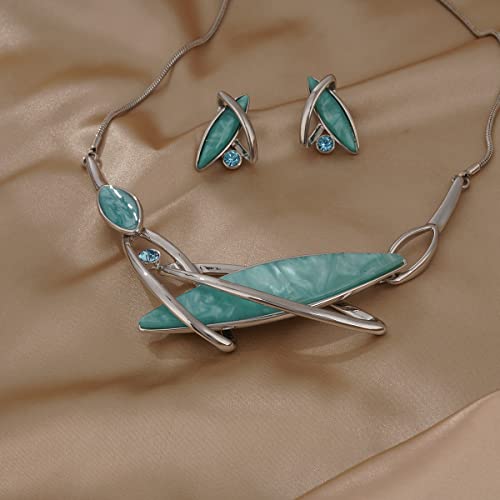 AMYJANE Vintage Statement Jewelry Set - Spring Leaf Flower Floral Plant Necklace Earring Set Crystal Rhinestone Fashion Costume Jewelry for Women Prom Party Unique Gift - style: ML Geometric Jewelry Set-Aquamarine