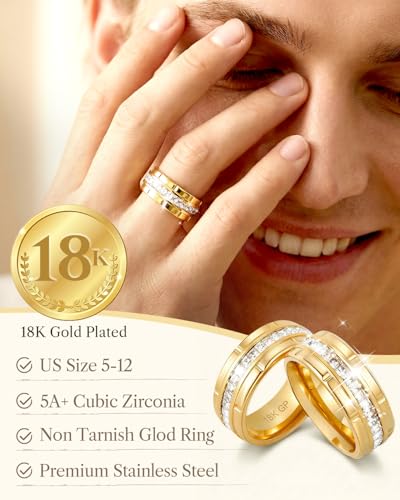 8mm Mens Gold Wedding Band with Cubic Zirconia Silver Eternity Ring CZ Inlaid 18K Gold Plated Stainless Steel Rings for Men, Rings Size 5-12 - color: Gold