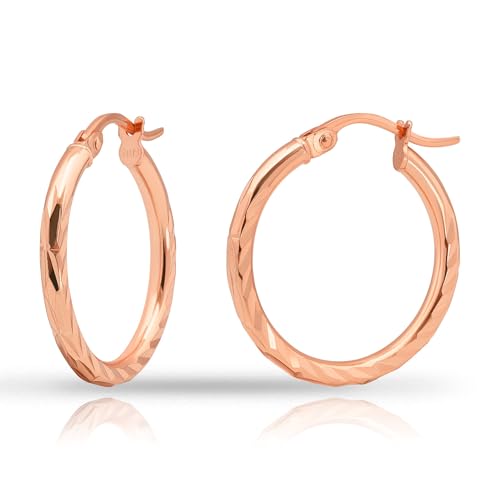 Hoops & Loops 925 Sterling Silver Diamond-Cut Hoop Earrings for Women, 2mm Textured Lightweight Click Top Hoops, 15mm 20mm 25mm 30mm, Silver 14k Yellow Gold & Rose Gold Flash Plated - color: Rose Gold - 20mm (0.78'')