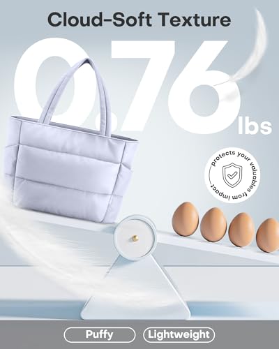 HOTOR Puffer Tote Bag for Women, Nurses - Multi-Pocket Lightweight Bag for Work - Quilted Handbag for Travel and Gym - color: Purple Gray, size: 18.1" × 6.3" × 11.8"