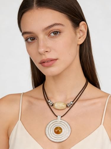 GelConnie Boho Necklaces for Women Cowgirl Necklace Stone Leather Cord Pendant Necklaces With Beads Long vintage Layered Choker Necklace - style: Chunky Pendant Boho