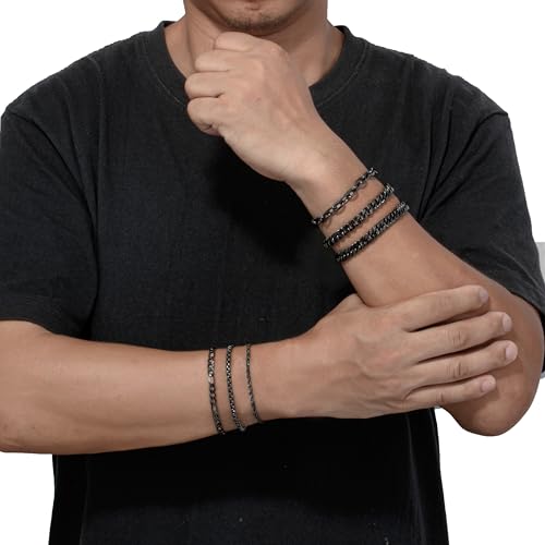 XIANNVXI 6pcs Bracelets for Men Gifts for Him Stainless Steel Bracelet Silver/Gold/Black Cuban Link Rope Paperclip Chain Bracelets Set 6.5/7/7.5/8.3/9 Inches Metal Bracelet Mens Fashion Accessories Jewelry Gifts Set - color: Black, size: 9 in-Men Large