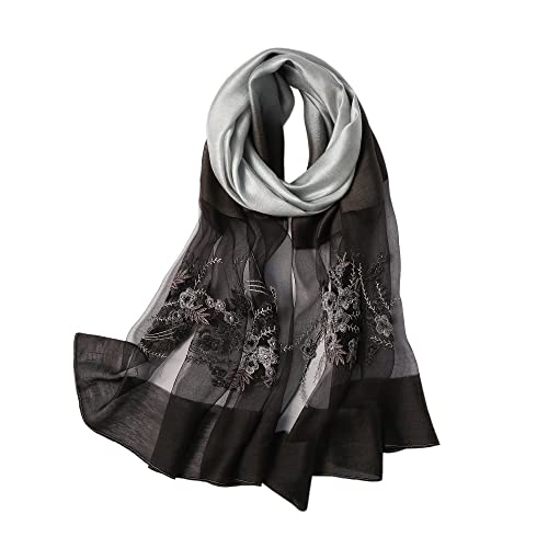 WINCESS YU Women Mulberry Silk Scarf Long & Large Embroidered Floral Pattern Shawl and Wraps Neckerchief for Hair & Neck - color: Gradient Black