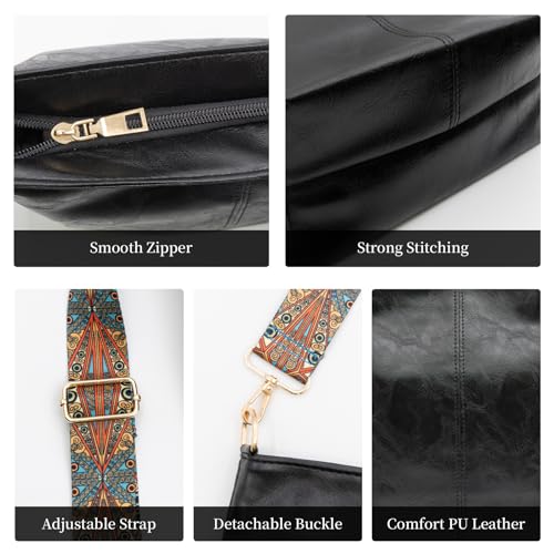 Hobo Bags for Women Crossbody Bag Guitar Strap Purse Vegan Leather Shoulder Handbags Boho Purses Tote Bucket Bag - color: Black