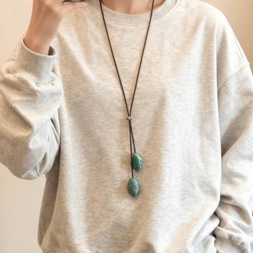 Boho Long Leather Necklace for Women Green Resin Stone Pendant Necklace Vintage Sweater Necklaces Hippie Handmade Necklaces Jewelry Accessories - color: Green