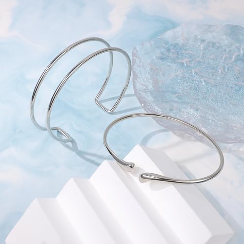 2Pcs Gold Arm Cuff for Women Adjustable Arm Cuff Bracelet Minimalist Open Coil Upper Arm Band Cuff Bangle Set - style: Silver F