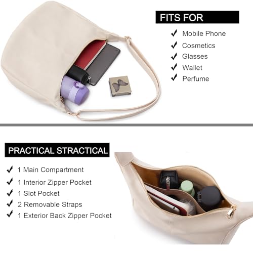 Hobo Bags for Women Foldable Vegan Leather Shoulder Handbag Slouchy Tote Crossbody Purses - color: Beige