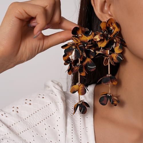 Boho Leopard Print Floral Earring Long Multi Layered Tassel Flower Earrings Fabric Flower Statement Earring Fashion Jewelry Accessories for Women - color: Brown