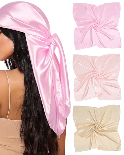 Mesovor 35” Square Head Scarf for Women, 3 Pack Like Silk Satin Headscarf Hair Neck Scarf Top Bandanas for Sleeping - color: Pink + Dusty Pink + Camel