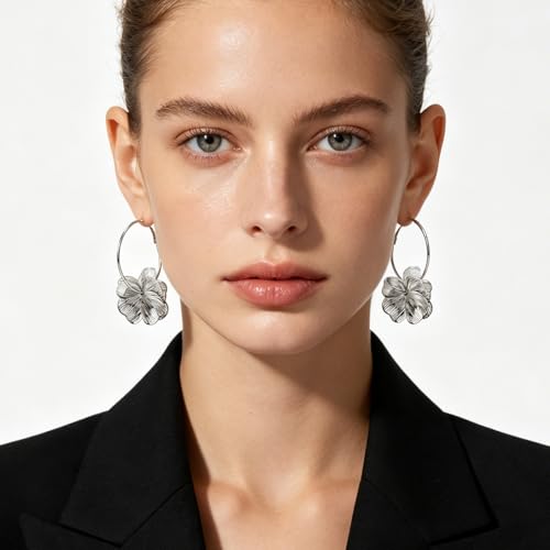 Gold Silver Filigree Floral Dangle Earrings for Women, Long Drop Statement Earrings for Vintage Wedding Jewelry - style: Silver Floral Hoop Earrings