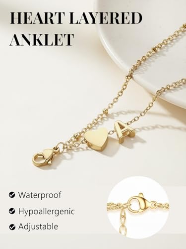 Silvora Ankle Bracelets for Women Waterproof 14K Gold/Silver/Black Initial Anklet for Women Dainty Layered Heart Ankle Bracelets Stainless Steel Adjustable Foot Chain Anklet Summer Beach Jewelry - color: Gold-14K Gold Plated, size: 07.G