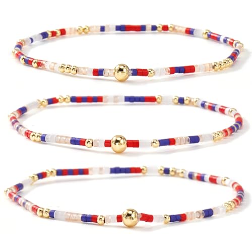 Colorful Beaded Bracelet Stack for Women,3PCS Handmade Bohemian Gold Plated Ball Stretch Stackable Bracelets Set Fashion Jewelry Gift Friendship - color: Red