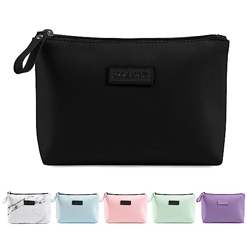 MAANGE Cosmetic Bags for Women Small Makeup Bag for Purse Pu Leather Makeup Pouch Travel Makeup Bag with Zipper Make Up Bag for Travelling - color: Black