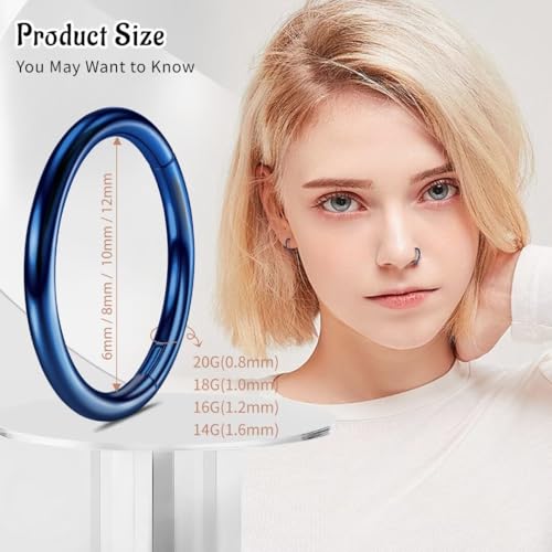 WBRWP 316L Stainless-Steel Piercing-Ring Hinged Nose-Rings-Hoop : 20G 18G 16G 14G Womens Body Pierecing Ring Segment Clicker Lip Rings Helix Cartilage Rook Earrings Diameter 6mm 8mm 10mm 12mm - color: 8pc set in blue color(each dia. 2 pc)