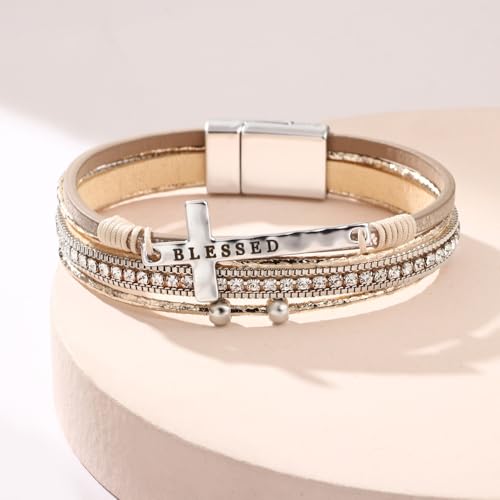 Turquoise Leather Wrap Bracelet for Women Cross Boho Beaded Stack Wrap Cuff Bracelets Stackable Crystal Bangle With Gold Silver Bohemian Jewelry Gift - color: blackcross