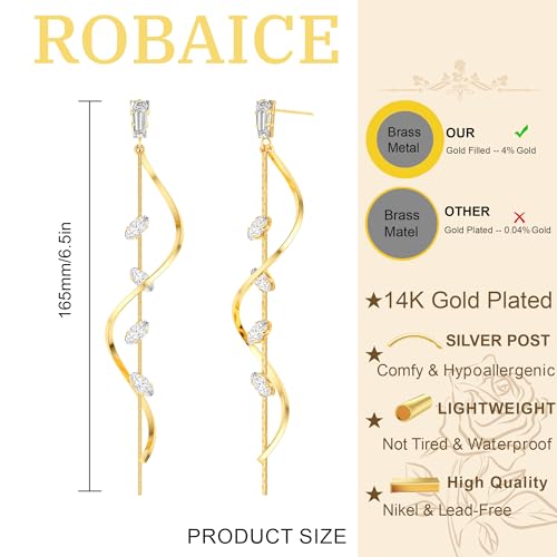Robaice Gold Long Prom Earrings for Women, 14K Gold Plated Pearl Dangle Drop and Chain Tassel Threader Earrings Dangling，Rhinestone Zirconia Hypoallergenic Bride Party Prom Gold jewelry，Women Gifts - style: C-dangle twist drop，CZ