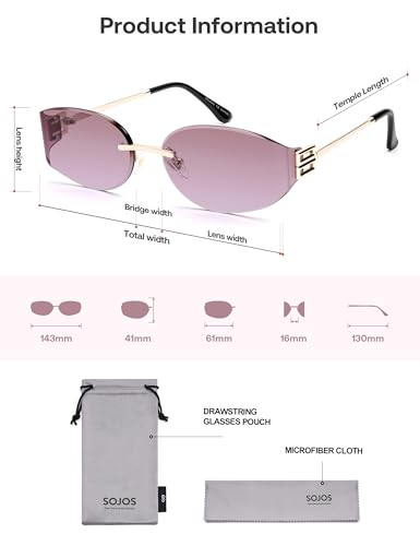 SOJOS Trendy Oval Sunglasses for Women,Fashion Rimless Metal Sun Glasses Y2K Style UV400 Protected SJ1271 - color: Purple