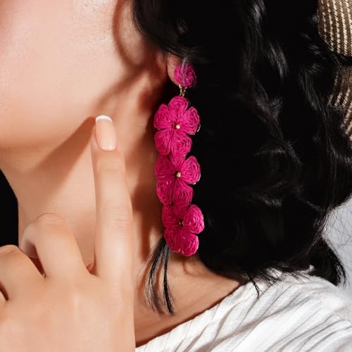 Boho Flower Earrings Statement Raffia Dangle Earrings Cute Floral Jewelry Trendy Summer Beach Vacation Outfits for Women - color: Rose-2