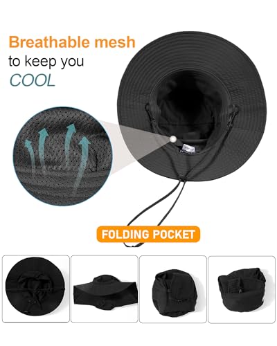 Womens Ponytail Sun Hat Packable UPF50+ Waterproof Bucket Hat Hiking Fishing Safari Hat Foldable Beach Hat - color: Black