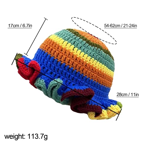 Handmade Crochet Bucket Hat for Women Boho Chic Slouchy Design Colorblock Ruffled Brim Festival&Daily Crochet Hat - color: Red Top Contrasting