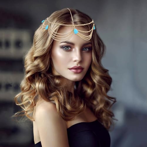 Dizila 8 Pieces Gold Head Chains with Leaf Bead Rhinestone Tassel Festival Prom Wedding Bridal Jewelry Boho Headbands Forehead Chains Headwear Headpieces for Women Girls