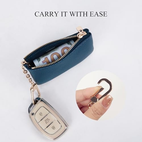 Full Grain Leather Coin Purse with Key Chain - Small Change Purse Keychain Card Holder Keychain Pouch Small Keychain Wallet for Women and Men (Navy Blue), LA-2312 - color: Navy Blue, Regular Size