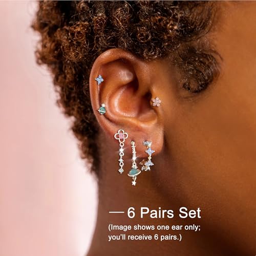 6 Pcs/6 Pairs Hypoallergenic 925 Sterling Silver Stud Post 14K Gold Earrings for Women Moon Star Hoop Stackable Cubic Zirconia Chain Dangle Earring Set Stacks for Multiple Piercings - color: Silver Flower Planet