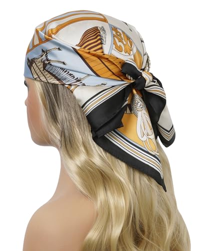 CHUNG Women's Scarf Hair Bandanas Square 27.5" Satin Wrap Fashion Pattern Scarves Emulation Silk Handbag Ribbons Necktie - color: Orange Horse
